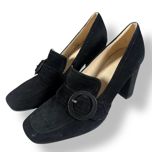 MARC FISHER Garlan Black Suede Buckle Loafer Chunky Block High Heel Pumps 7 - Picture 1 of 8